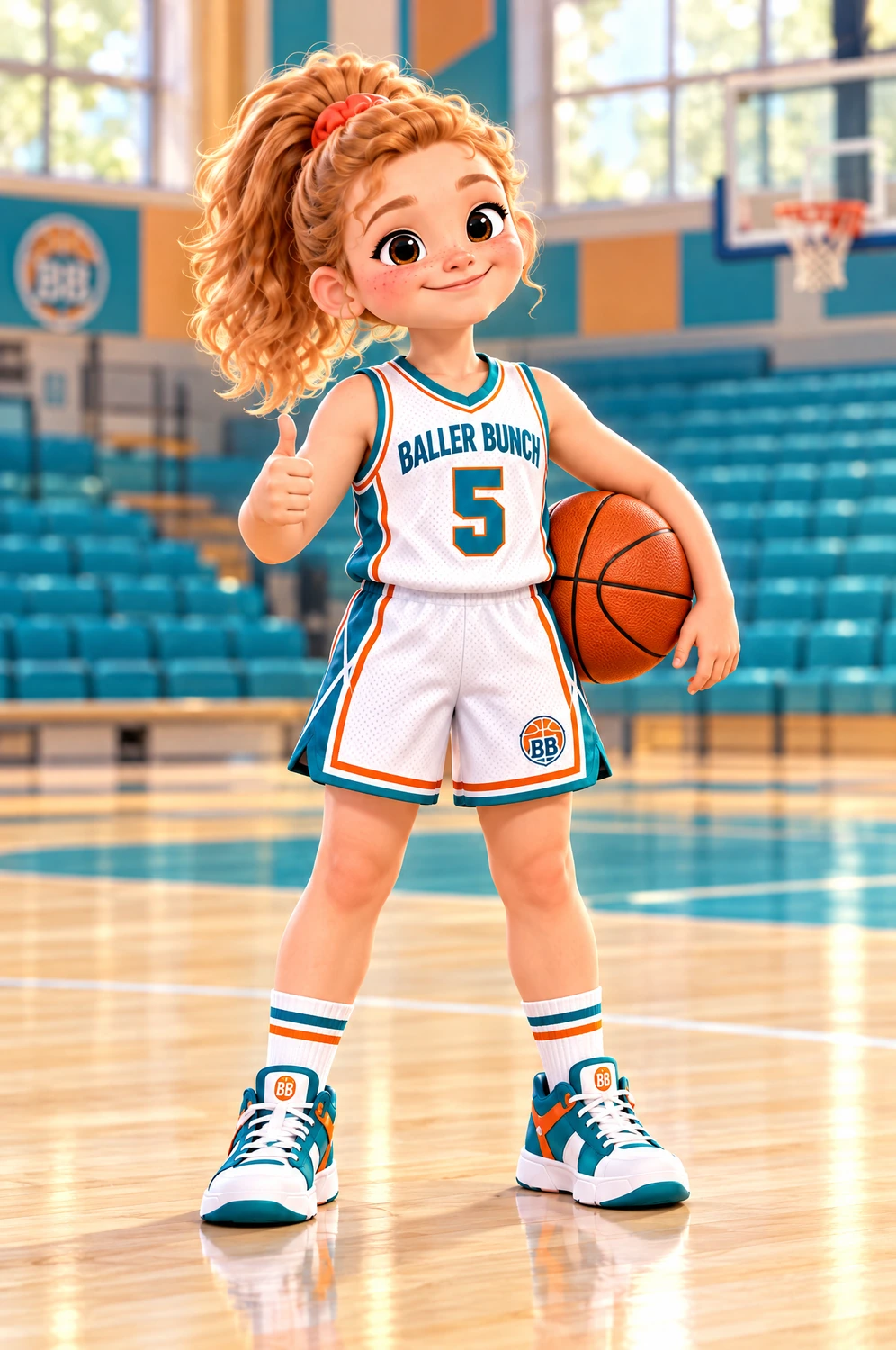 Cassie number 5 holding a basketball and giving a thumbs-up